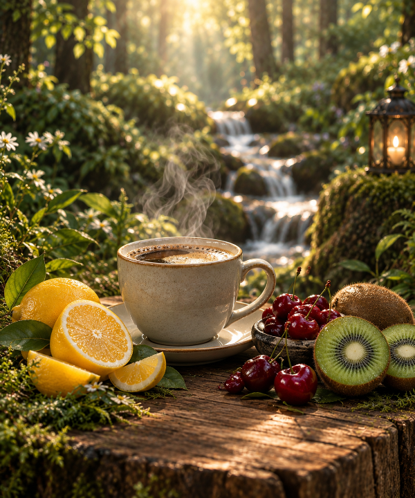 A steaming cup of coffee sits on a rustic wooden surface in a lush forest setting with a small waterfall in the background. Slices of lemon, red cherries, kiwi fruit, and a kiwi pit are arranged around the cup as decorative props. 